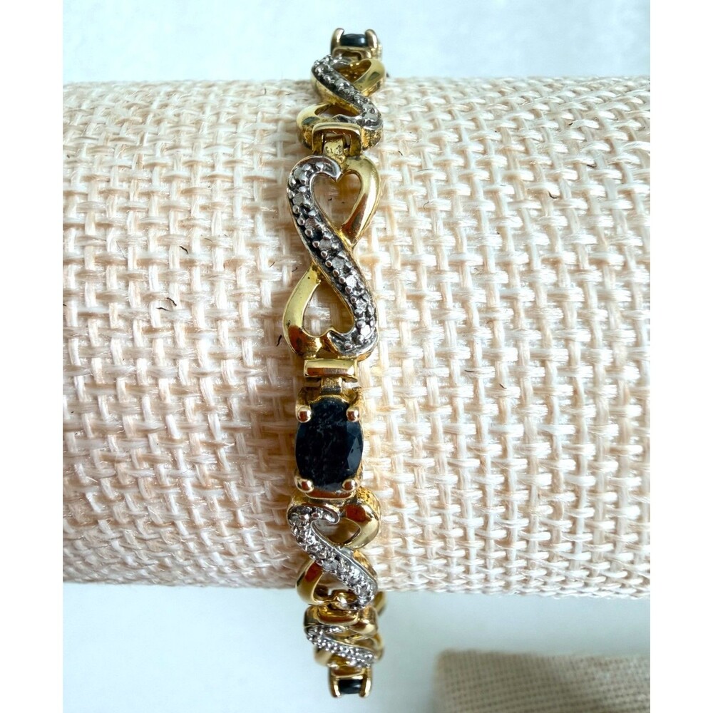 Vintage Sterling Silver 925 Gold Wash Infinity Link Bracelet Black Stone Accents
